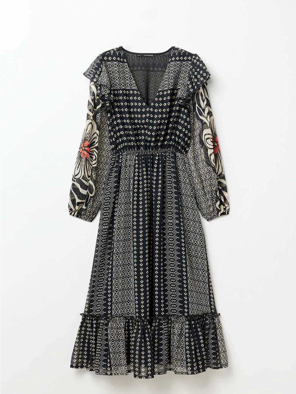 See and Be Seen Boho Mixed Geometric Print Sheer Sleeve Maxi Dress Size M